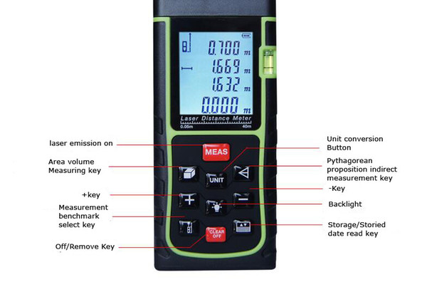 Protable Digital LCD Hand held Laser Distance 40M Diameter Meter Measure Finder Length, area, volume, Pythagorean theorem measurement