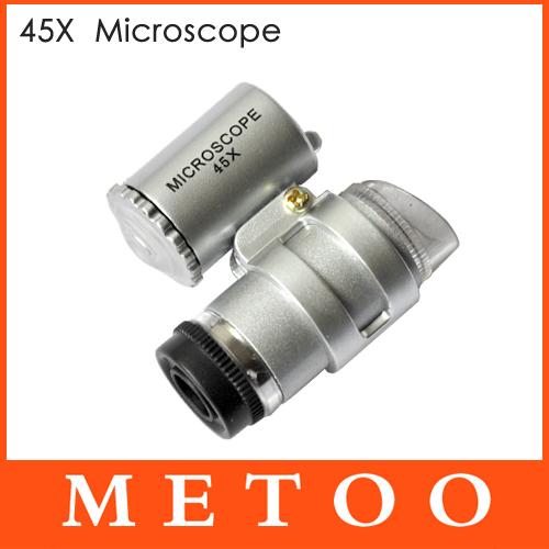 1Pcs/Lot Mini Pocket Microscope Magnifier Handheld Jeweler Loupe with Faux Leather Pouch 45x Microscope With 2 LEDs Lamp Light
