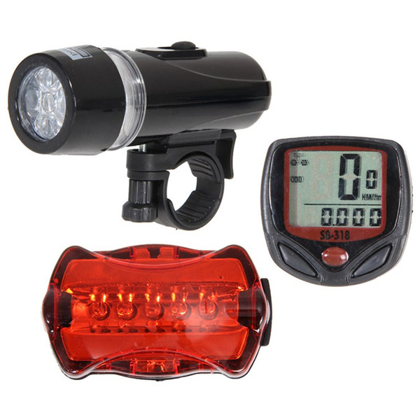 Wholesale-2016 New Waterproof Speedometer Mountain Road MTB Cycle Digital LCD Display + 5 LED Mountain Bike Cycling Light Head + Rear Lamp