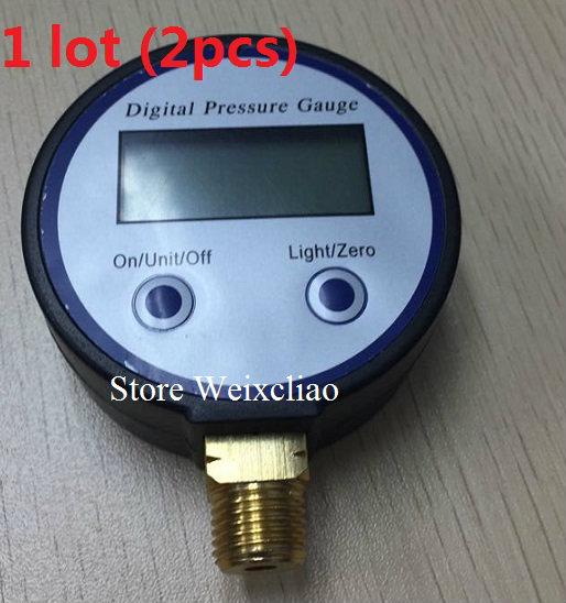 Pressure Gauge Battery Powered Digital LCD Display Pressure Gauge Manometer G1/4 3-200PSI Brass Port 1 lot (2pcs) Free Shipping