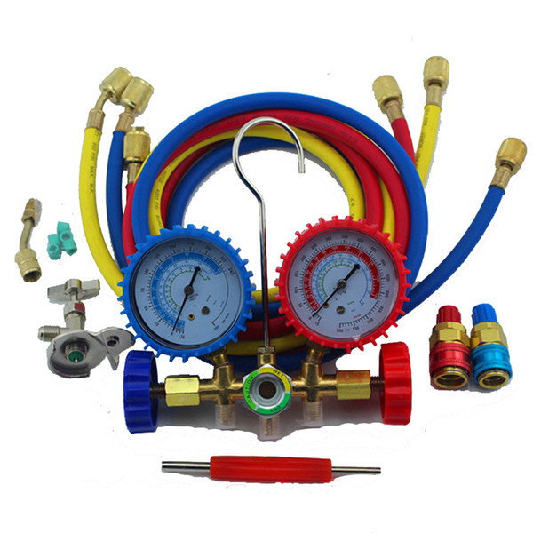 Car R134a R12 R22 Manifold Pressure Gauge 1/4 SAE with 90cm Charging Hoses Kit Set