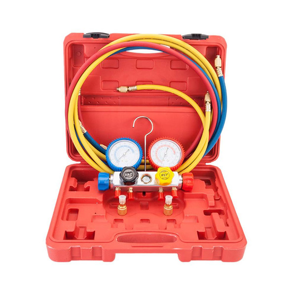 R404A R410A R22 Dual Manifold Gauges Valve Set with Red Plastic Case Red & Yellow & Blue & Golden Pressure Valve