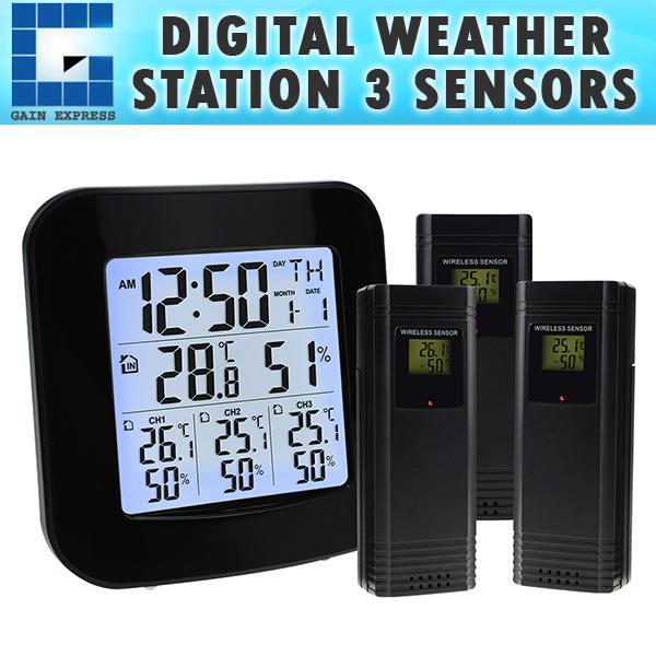 WEA-46 Digital Weather Station with Thermometer and Hygrometer, with 3 Indoor/ Outdoor Wireless Sensors with Alarm Clock for Temperature