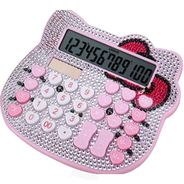 50pcs/lot Middle Size 12 Digit Solar Pink Cute Luxury Rhinestone Crystal Diamond Hello Kitty Calculator Dual Power Calculadora Dropship