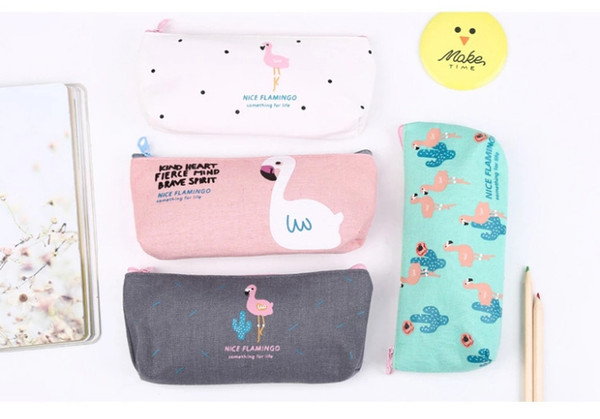 Kawaii Cute Creative Flamingo Canvas Pencil Case Storage Organizer Pen Bags Pouch Pencil Bag School Supply Stationery Korean Style