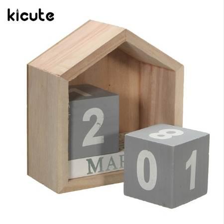 Kicute Fresh Design House Shape Perpetual Calendar Wood Desk Wooden Block Home Office Supplies Decoration Artcraft