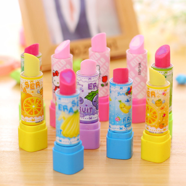 Wholesale-20pcs/lot Cute fruit Lipstick Eraser Kawaii pencil erasers for kids korean stationery canetas office school supplies escolar