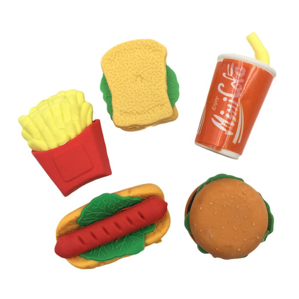 Fast Food Rubber Erasers, Novelty Cute Pencil Eraser Set, Include Hamburger, Hot Dogs, Sandwich, Chips, Coke