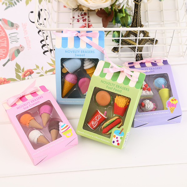 4pcs/set Creative Cute ice Cream Cake Eraser Drink Coke Eraser Set Stationery School Office Erase Supplies Kids Gifts