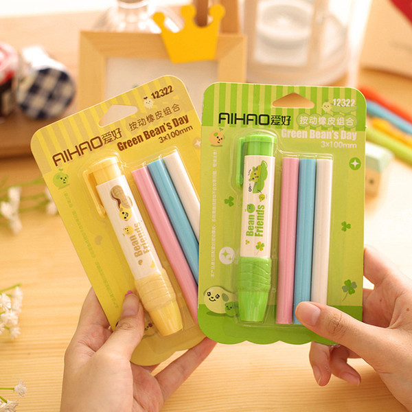 Wholesale-1 Pics Cute Kawaii Push In Pencil Erasers Set With Refill For Kids Korean School Supplies Stationery Kids Children Gifts