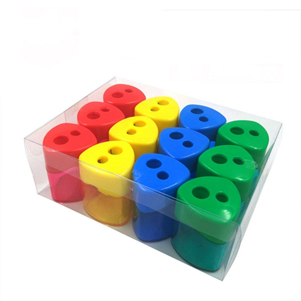 Double hole pencil sharpener Triangular Shaped Pencil Sharpener With Cover and Receptacle Red Blue Yellow and Green