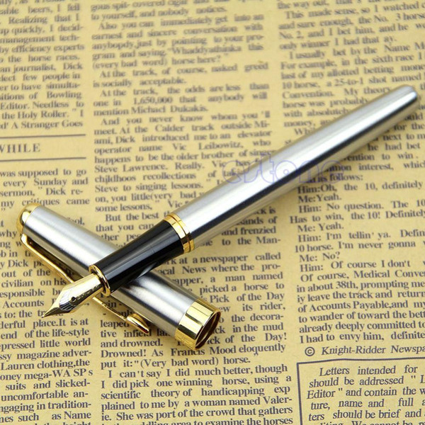 Free Shipping Exquisite BAOER 388 Stainless Steel S.S Fountain Silver Gold Trim M Nib Size Pen