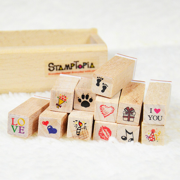 12 pcs/set DIY Cute Cartoon Fashion Wood STAMPTOPIA Stamps for Diary Scrapbooking Decoration wooden seal Free shipping