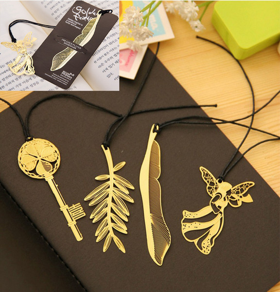 Creative Golden bookmarks with card Metal book mark Elegant Paper Clip Leaf key shape markers lovely reading helper bookmark 4styles