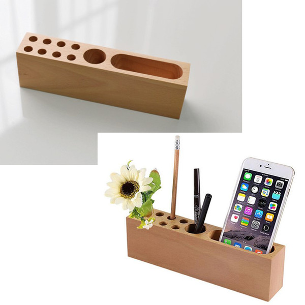 Wood Pencil Stand Holder for Desk, Business Card Holder for Desk with Wood Office Pen Holder Stand, 10 Slots Desktop Organizer for Office