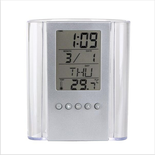 2017 Fashion electronic pen container Transparent calendar pen container pen Holder LCD Display Digital Alarm Clock For Office School Desk