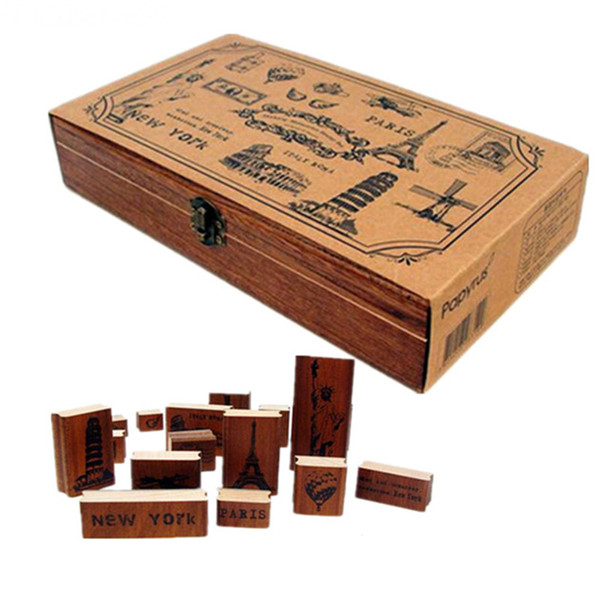 15pcs/set Vintage World Scenery Wooden Rubber Stamp Box NEW YORK PARIS Craved Printing Stamps Craft Scrapbooking DIY 2016