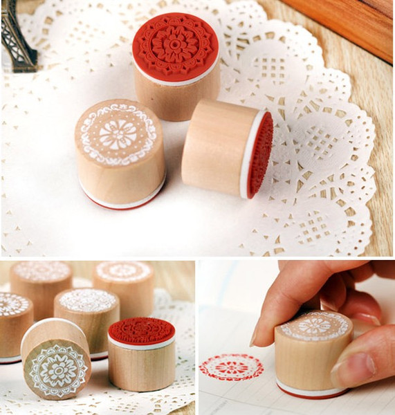 6pcs/SET Assorted Retro Vintage Floral Flower Pattern Round Wooden Rubber Stamp Scrapbook DIY