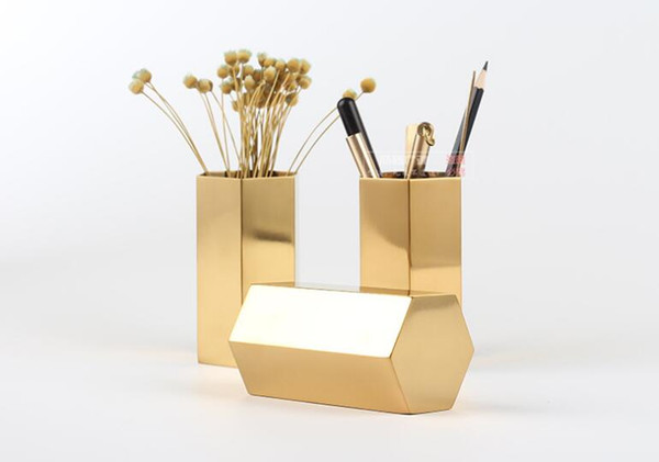 Pen Pencil Ruler Cup Holder Desktop Stationery Organizer - Hexagon Design Brass Metal Brush Pot Desk Stationery Organizer - Home office vase