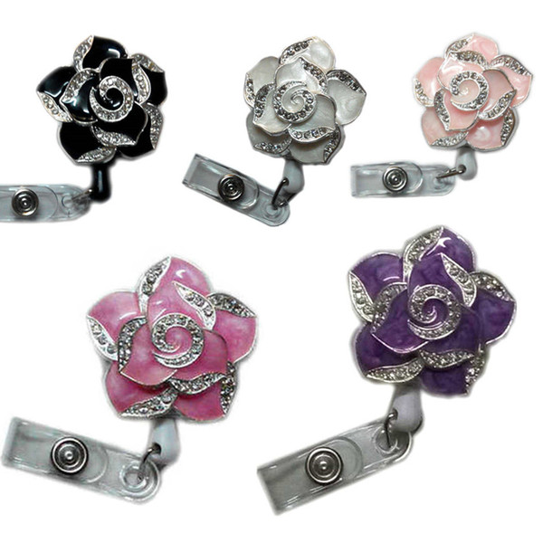 Cute Retractable Fashionable Badge Holder Adorable Bling Crystal Rhinestones Flower Reels ID Card Document Clip Holders