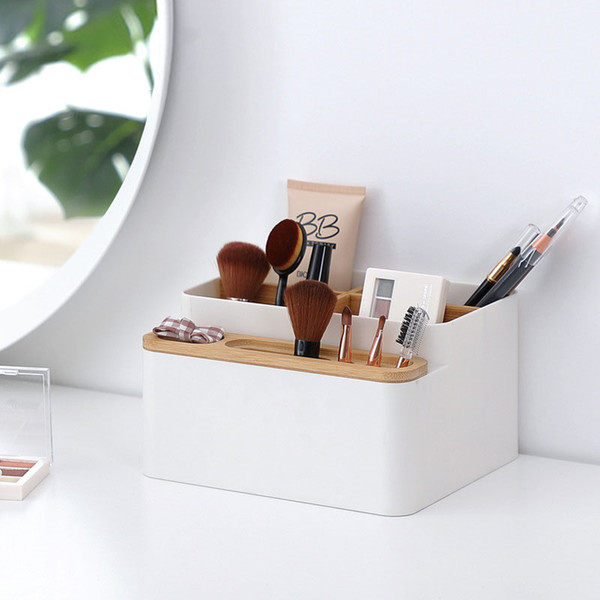 Multi-functional Desk Organizer Plastic Storage Box with Bamboo Compartment for Office Home Stationery Cosmetics Makeup Brushes