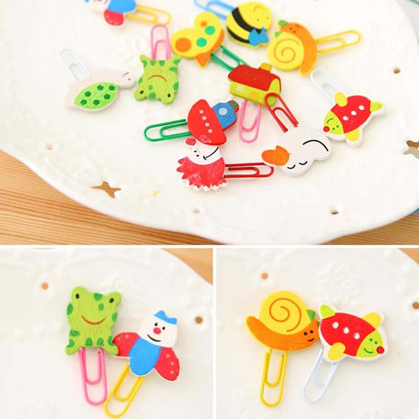 Lovely 100pcs/lot Wooden Animals Shape Bookmarks Colored Paper Clip Cartoon Book Marks Office School Supplies Kid Children Gift