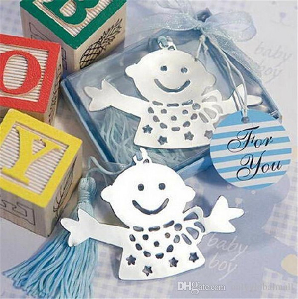 With retail package wholesale Free DHL Shipping Lovable Baby Boy With Blue or Pink Tessels Bookmark Baby Shower Wedding Party Favors Gift