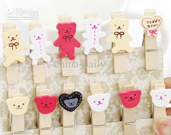 240 Pieces Korean Countryside Emotional Cartoon Bear Wooden Memo Clip Wedding Stationery Baby Clips