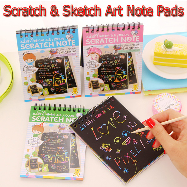 4PCS Scratch Sketch Art Note Pads Scratch Art Rainbow Mini Notebooks With Wooden Stylus Doodle Pad Drawing Notes for kid