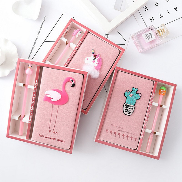 Unicorn Flamingo Cactus Notebook Box Set Diary With Gel Pen Stationery Pink Hand Ledgers Set School Supplies 1 Lot ePacket