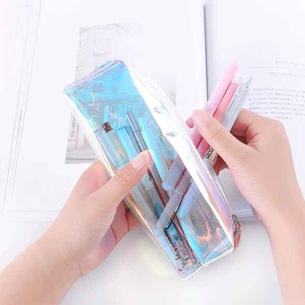 Creative Fashion Cool Laser Transparent Silica Gel PVC Plastic Waterproof Pencil Bag Student Stationery Box With Makeup Bag Pencil Bag