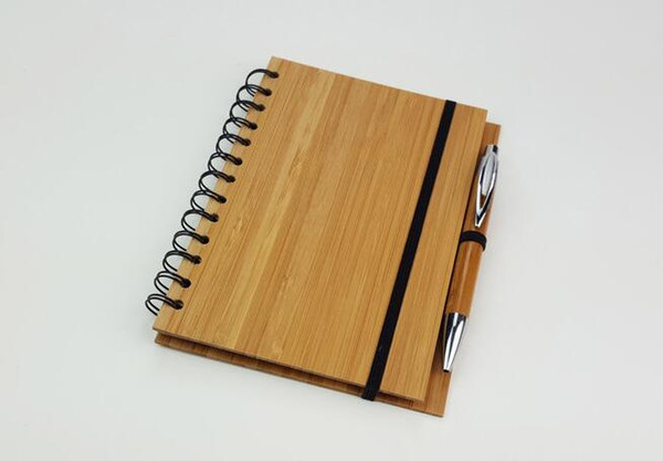 Wood Bamboo Cover Notebook Spiral Notepad With Pen 70 sheets recycled lined paper