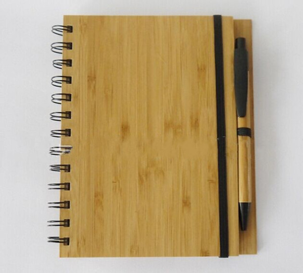 Free shipping Wood Bamboo Cover Notebook Spiral Notepad With Pen 70 sheets recycled lined paper LLFA