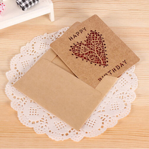 15pcs/lot New Creative Delicate Hollow Out Kraft Paper Birthday Greeting Card Elegant Envelope Lovely Gift Card Creative Free Shipping