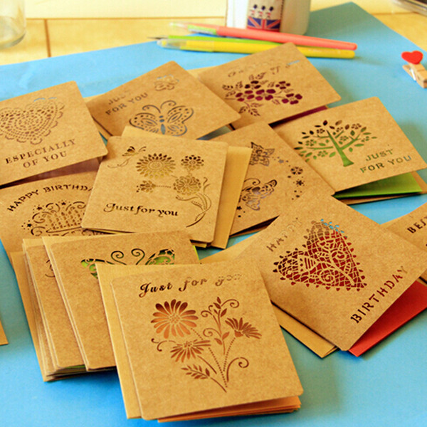 Fashion 15pcs/lot New Creative Delicate Hollow Out Kraft Paper Birthday Greeting Card Elegant Envelope Lovely Gift Card