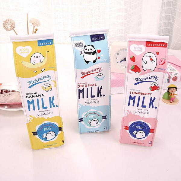 Cartoon Morning Milk PU Leather Pencil Case Stationery Storage Organizer Bag School Office Supply Escolar