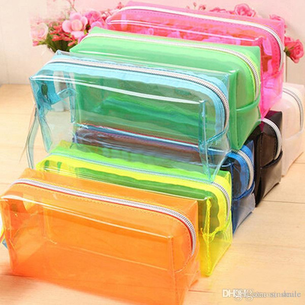 Wholesale-Fashion stationery Pencil Bag transparent candy color Pen Cases Free Shipping Student school Supplies Cosmetic Bag