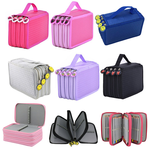 Solid Color Oxford Fabric High Capacity Multilayer Portable Cuboid Pencil Bag Pull Head Send With Randomly Drop Shipping