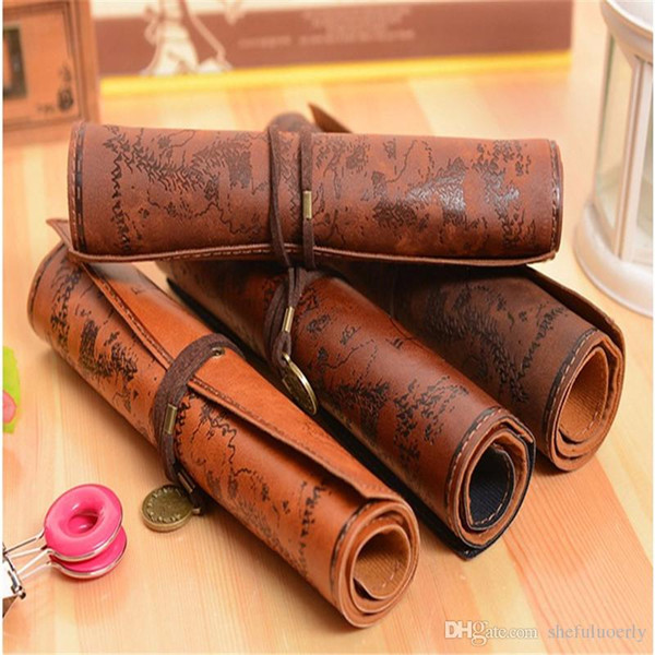 Vintage Retro Treasure Map Pencil Cases Luxury Roll Leather PU Pen Bag Pouch For Stationery School Supplies Make Up Cosmetic Bag