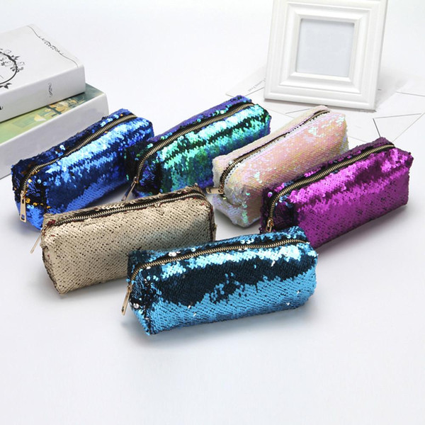 100pcs/lot Cosmetic Bag 2019 Girls Boys Pencil Bags Unisex Fashion High Quality Double Color Makeup Pouch Women Men's Sequins Pencil Bags