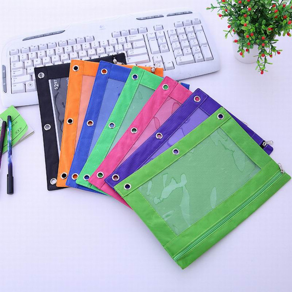 Hot sell Zippered Binder Pencil Pouch 3 Ring Rivet Enforced Hole School Pen Case Desktop Storage Bag