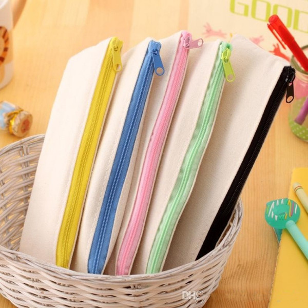 Hot selling 20.5*8.5cm DIY White Canvas Blank Plain Zipper Pencil Pen Bags Stationery Cases Clutch Organizer Bag Gift Storage Pouch