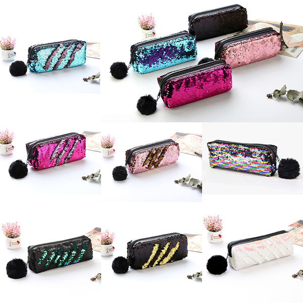 Cute Sequin Pencil Case Cosmetic Bag Hairball Pencil Bag for Girls School Supplies Stationery Gift Magic Pencil Box