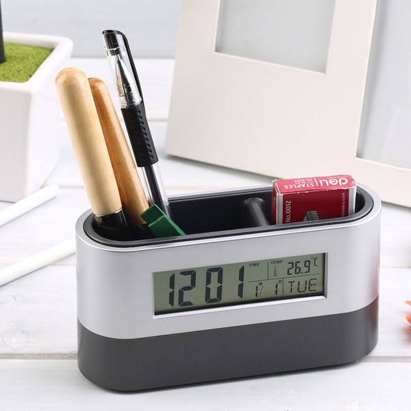 Multifunctional Home Office Digital Snooze Alarm Clock Pen Holder Calendar temperature Display Black Blue Good Quality Free Ship