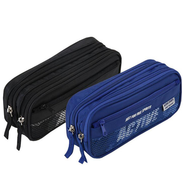 Zipper Pencil Case Box Bag - Black Blue Multifunction Kids Children Student Pen Storage Pouch - School Office Supplies