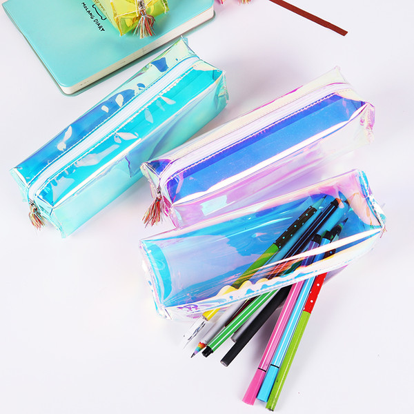 PVC Laser Transparent Pencil Case Fashion Pencil Bags Large Capacity Unisex Durable Stationery Pen Box School Students Supply Gift