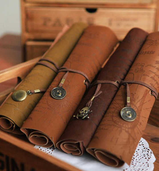 Pencil creative treasure map pen curtain pu leather pencil bags custom student leather volume pencil bag