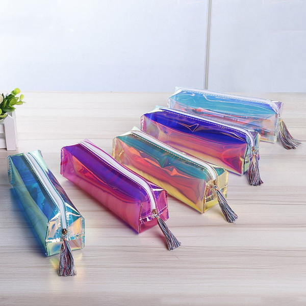 Transparent Laser Pencil Case Cute Stationery Tassels Pencil Bag Cosmetic Makeup Bag for Women with Tassels Zipper for School Office Travel