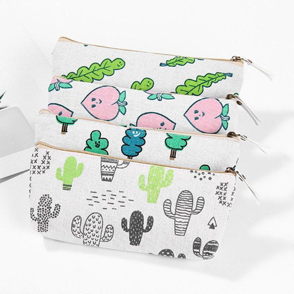 Students Canvas Pencil Bags Plant Printed Cactus Strawberry 4 Colors Unisex Rectangle Stationery Bags Back To School Gift