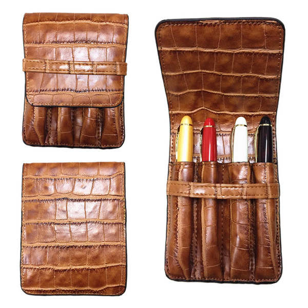 4PC HIGH QUALITY LUXURY Crocodile Skin exquisite carving pattern PU BLACK ROLLER AND FOUNTAIN PENS CASE HOLDER FOR 4 PEN